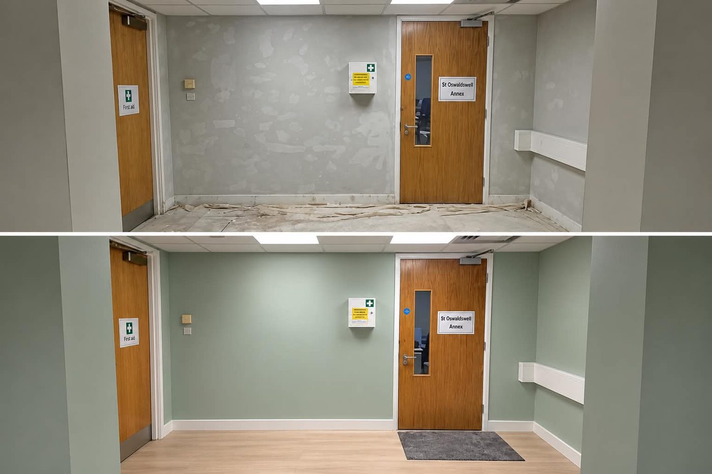 Office annex corridor before and after repaint