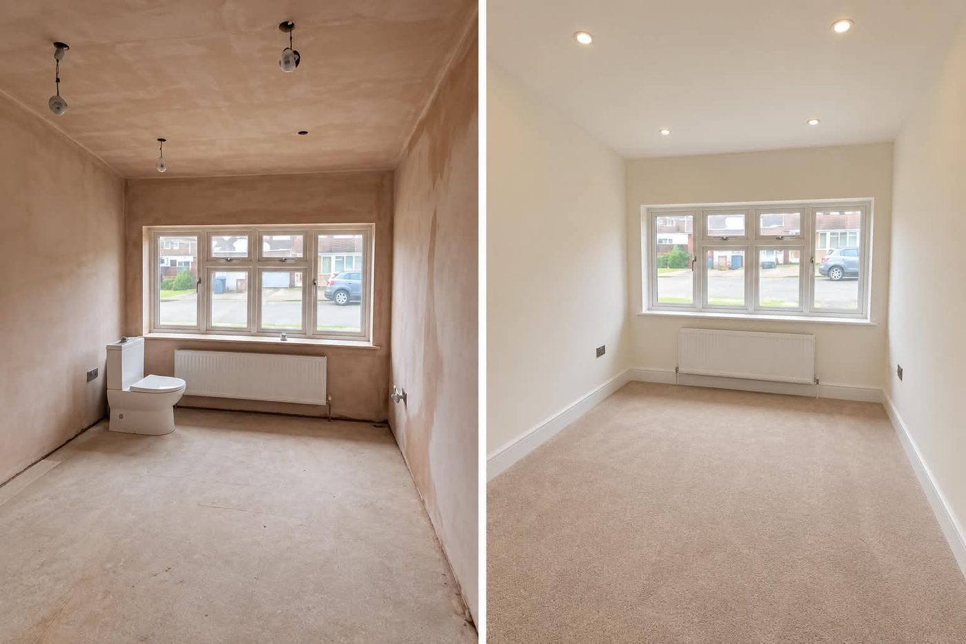 Bedroom before and after repaint following re-plastering