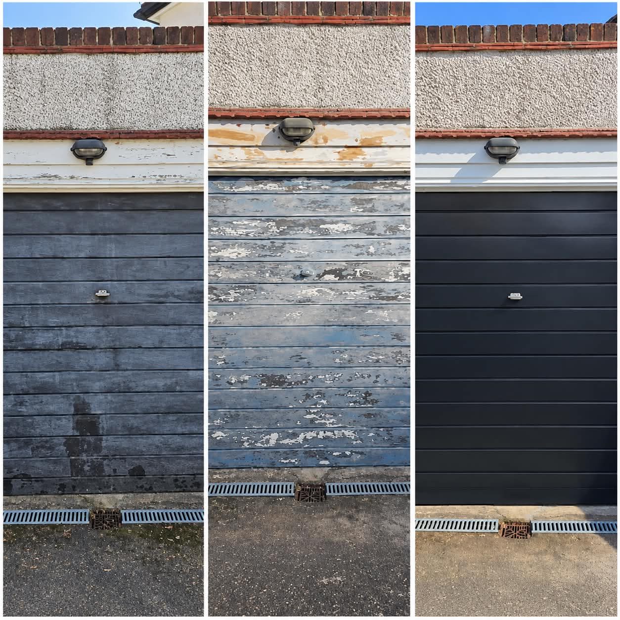 Garage door before, during preparation and after spraying