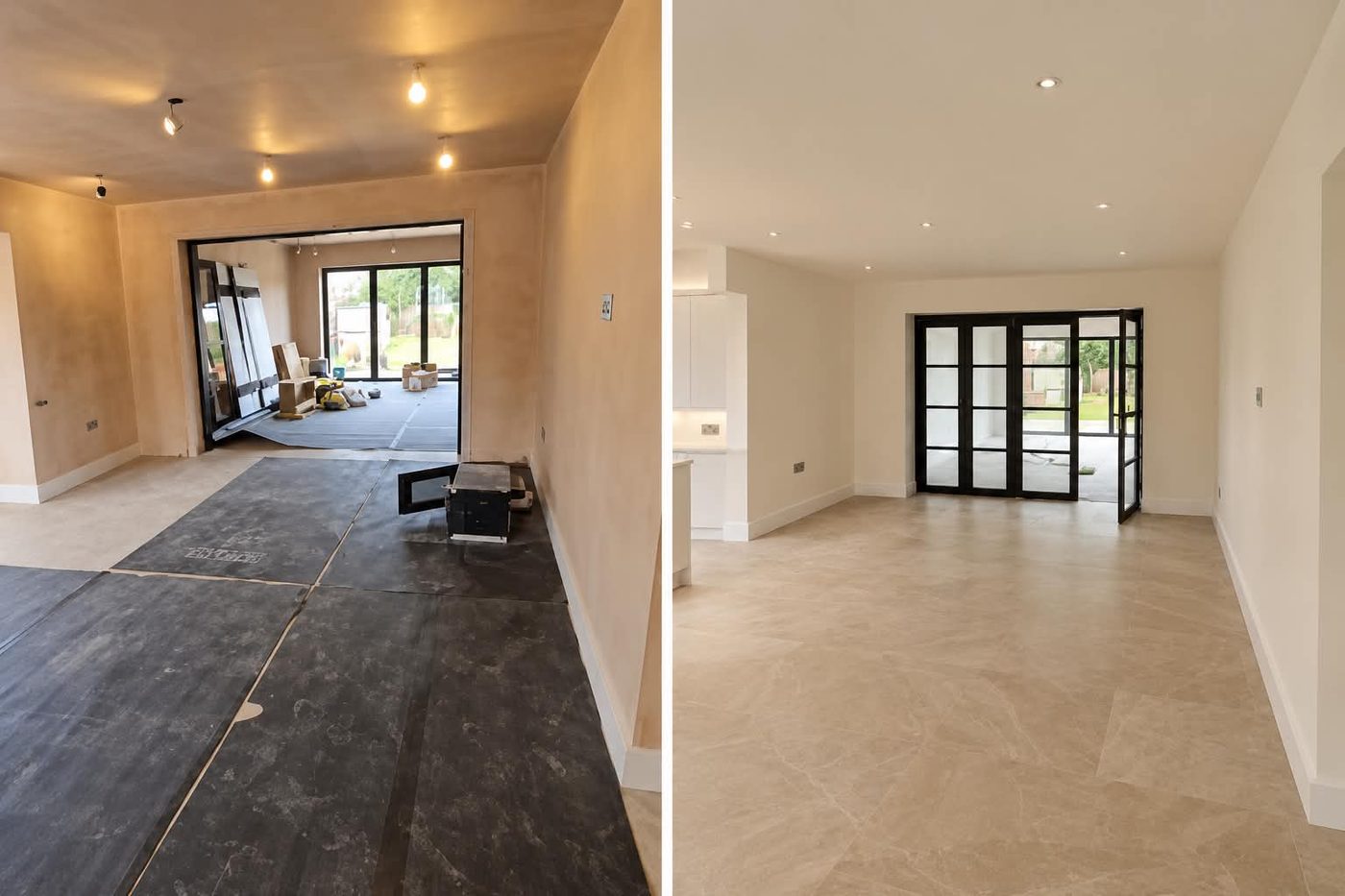 Open-plan kitchen extension before and after repaint